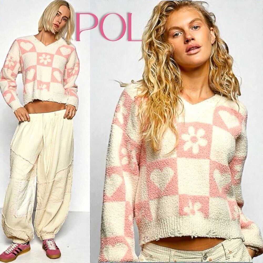 POL Sweater Ivory Pink Heart Checkered Cropped Oversized V Neck Knit Small NEW